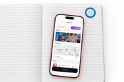 Glacier DOT Shortcut Tag on a journal page, with a phone showing photos, a location and a song linked in the DOT app