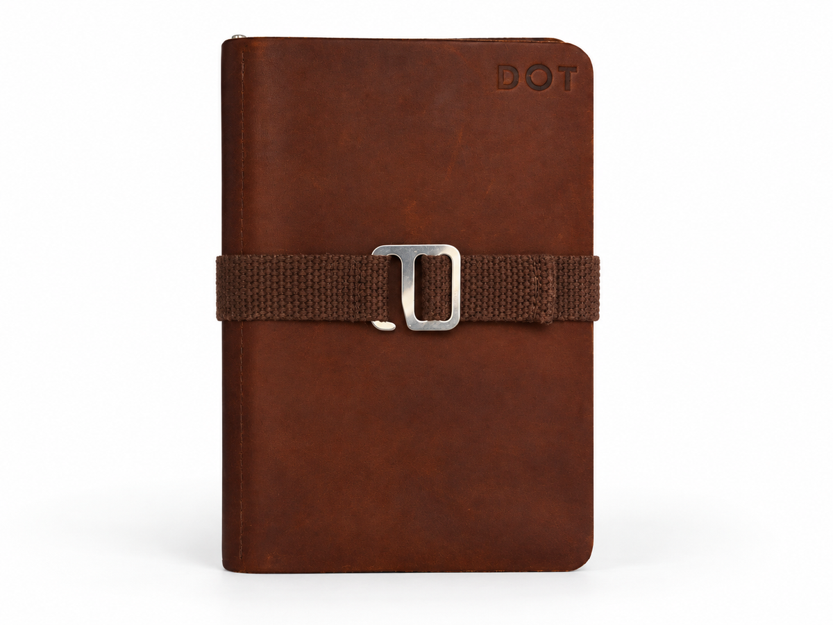 DOT leather journal notebook with NFC tag, front view