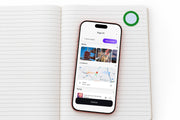 Spruce DOT Shortcut Tag on a journal page, with a phone showing photos, a location and a song linked in the DOT app