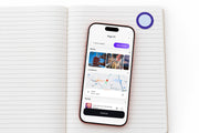 Dusk DOT Shortcut Tag on a journal page, with a phone showing photos, a location and a song linked in the DOT app
